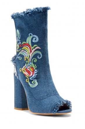 Women's Kattiee Peep-Toe Ankle Boot in Blue Denim with Floral Embroidery